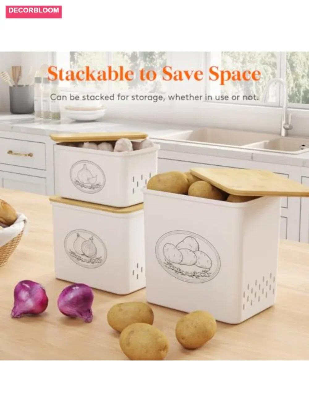 3-Piece Food Storage Bin Set with Bamboo Lids, Stackable Produce Organizer,